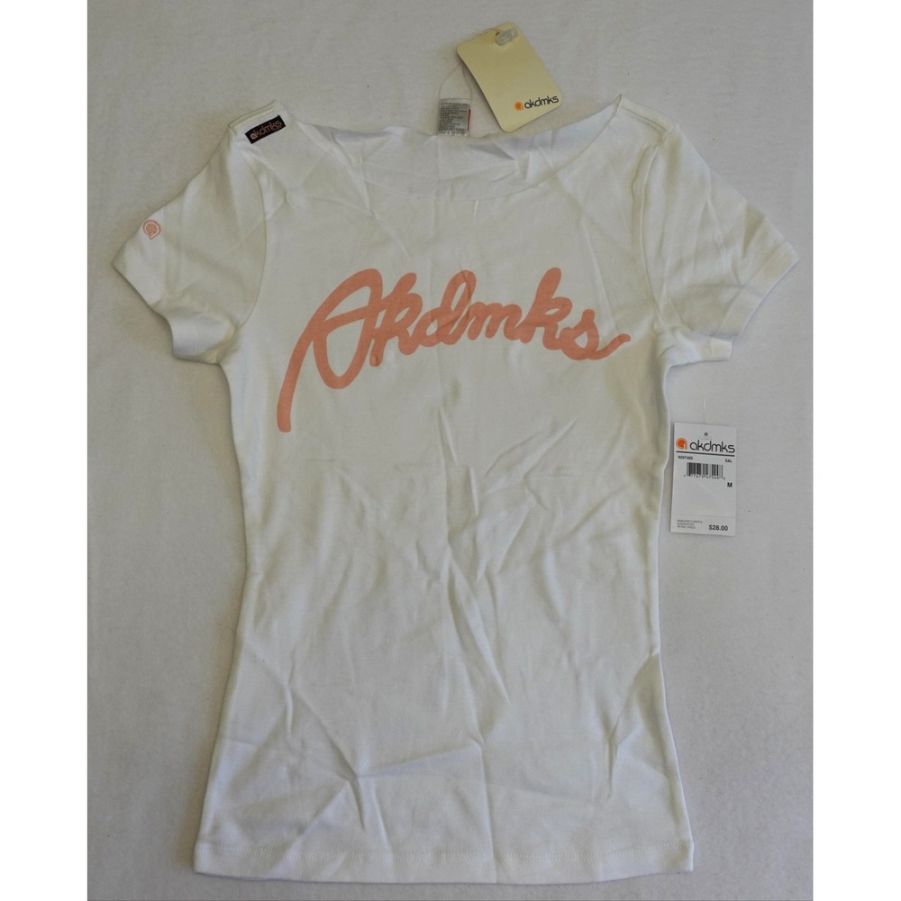 Akdmks Shirt Womens M White Script Logo T Shirt Boat Neck Summer Casual Basic